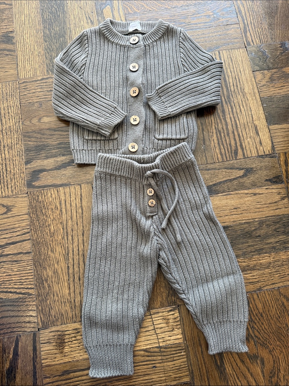 Ribbed Knit Two-Piece Set in Taupe olive green grey baby 3-6 months